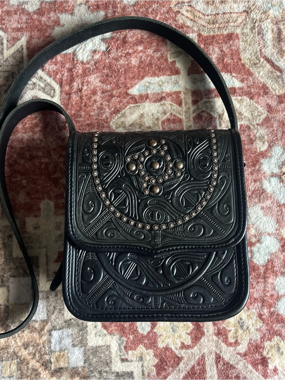 Black Embossed Real Leather Crossbody Bag with Stud Detail